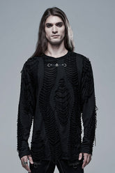 Black Round Collar Long Sleeves Double-Layered Ripped Men's Gothic Blouse